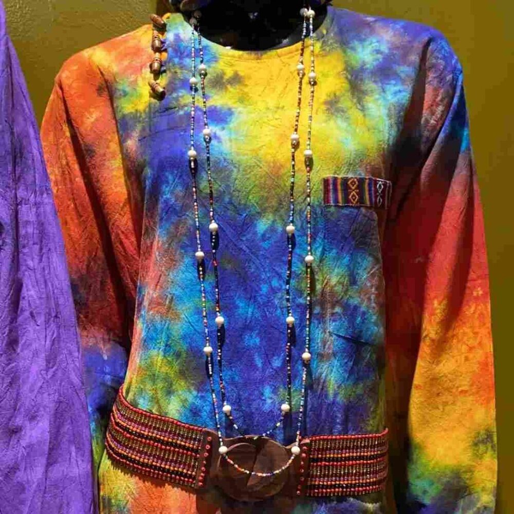 Cotton Bhutani Trim Long-Sleeve Round Neck Tunic - Tie-Dye (Multicolor)